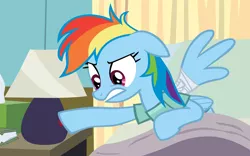 Size: 5000x3125 | Tagged: artist:mrlolcats17, bandage, bed, clothes, derpibooru import, lamp, off, rainbow dash, safe, solo