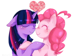 Size: 900x675 | Tagged: safe, artist:charmyamber, derpibooru import, pinkie pie, twilight sparkle, boop, eyes closed, female, heart, lesbian, shipping, twinkie