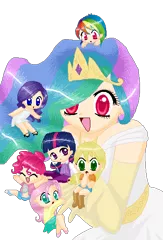 Size: 375x551 | Tagged: applejack, artist:cheshirecloud, chibi, derpibooru import, fluttershy, humanized, pinkie pie, princess celestia, rainbow dash, rarity, safe, twilight sparkle