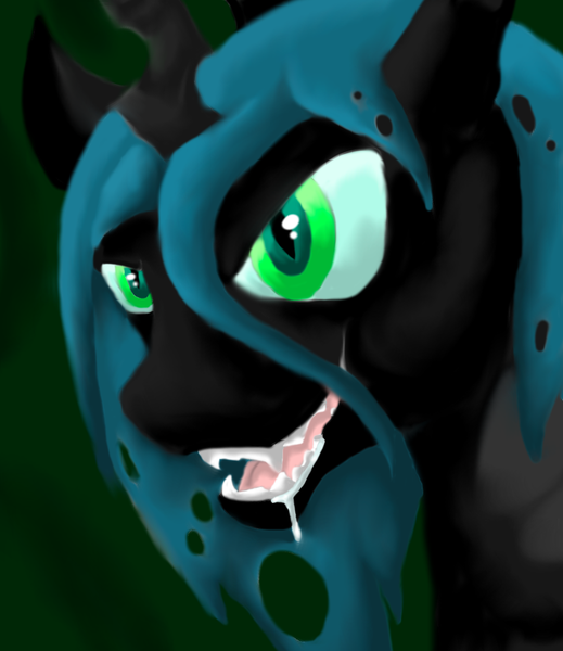 Size: 831x961 | Tagged: artist:crazyhuskyarchie, changeling, changeling queen, derpibooru import, fangs, female, queen chrysalis, safe, solo