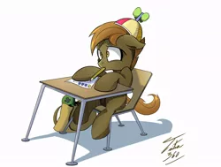Size: 900x682 | Tagged: safe, artist:tsitra360, derpibooru import, button mash, earth pony, pony, colt, desk, floppy ears, foal, hat, hooves, male, pac-man, propeller hat, sitting, solo, test