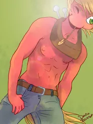 Size: 373x500 | Tagged: suggestive, artist:dahliabee, derpibooru import, big macintosh, anthro, earth pony, bare chest, clothes, male, solo, solo male, straw, topless, yoke