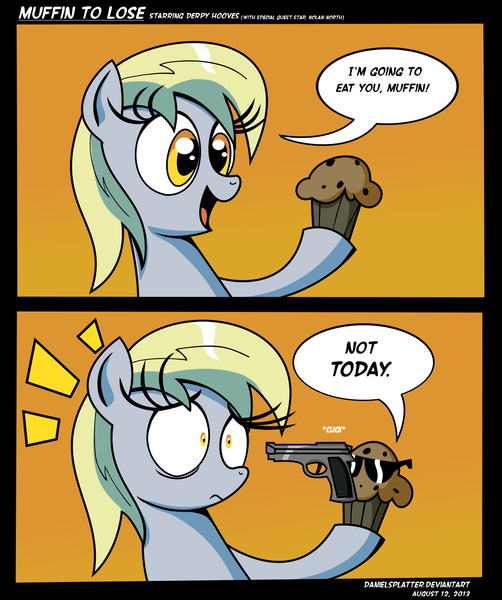 Size: 1200x1435 | Tagged: safe, artist:daniel-sg, derpibooru import, derpy hooves, pegasus, pony, asdfmovie, asdfmovie2, beretta, female, gun, mare, muffin, pistol, solo, underp