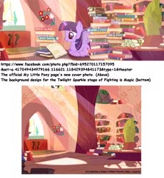 Size: 850x924 | Tagged: safe, derpibooru import, official, twilight sparkle, twilight sparkle (alicorn), alicorn, pony, fighting is magic, background, book, cover, drama, facebook, female, fighting is drama, flower, golden oaks library, library, mare, scroll, sunlight