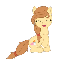 Size: 1122x960 | Tagged: safe, artist:rad-girl, derpibooru import, oc, oc:cream heart, unofficial characters only, earth pony, pony, cutie mark, eyes closed, female, hooves, mare, open mouth, raised hoof, simple background, sitting, smiling, solo, transparent background