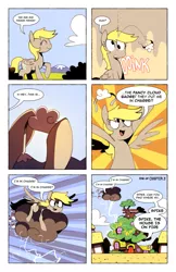 Size: 719x1112 | Tagged: safe, artist:karzahnii, derpibooru import, derpy hooves, pegasus, pony, cloud, cloudy, comic, destruction, dialogue, female, fire, golden oaks library, lightning, mare, pun, riding, speech bubble, tales from ponyville, underp