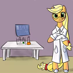 Size: 600x600 | Tagged: safe, artist:hudoyjnik, artist:synch-anon, derpibooru import, applejack, pony, bipedal, chemistry, clothes, crossed hooves, lab coat, safety goggles, solo