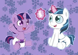 Size: 1248x883 | Tagged: safe, artist:artiecanvas, derpibooru import, shining armor, twilight sparkle, pony, baby, baby pony, babylight sparkle, cutie mark diapers, diaper, filly, filly twilight sparkle, foal, poofy diaper