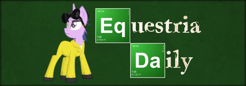 Size: 1000x350 | Tagged: artist:zvn, banner, breaking bad, clothes, crossover, derpibooru import, equestria daily, jumpsuit, palindrome get, safe, solo, twilight sparkle