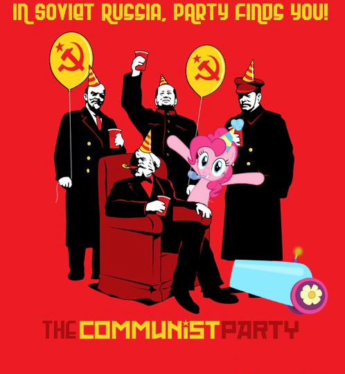Size: 498x540 | Tagged: balloon, communism, communist party, hammer and sickle, josef stalin, karl marx, lenin, mao zedong, meme, party, party cannon, pinkie pie, russian, safe