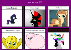 Size: 1688x1200 | Tagged: safe, derpibooru import, oc, oc:cream heart, oc:fluffle puff, oc:niggertron, oc:nyx, oc:ticket, unofficial characters only, alicorn, pony, 6 pony meme, alicorn oc, bend over, exploitable meme, meme, red and black oc, tiara ultima