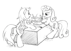 Size: 1900x1358 | Tagged: safe, artist:dahtamnay, derpibooru import, carrot top, derpy hooves, golden harvest, pegasus, pony, bowl, carrot, cooking, female, knife, mare, monochrome