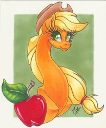 Size: 1024x1239 | Tagged: apple, applejack, artist:angelicaannblack, bust, colored pupils, derpibooru import, long neck, obligatory apple, safe, solo, traditional art