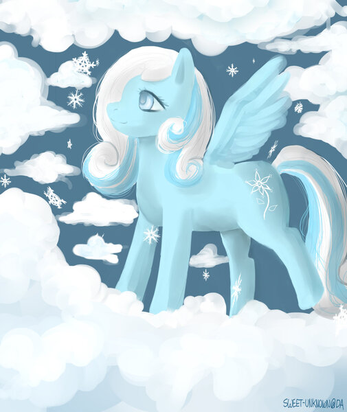 Size: 1280x1520 | Tagged: artist:sweet-unknown, cloud, cloudy, derpibooru import, oc, oc:snowdrop, safe, snow, snowfall, snowflake, solo, unofficial characters only