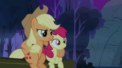 Size: 500x281 | Tagged: safe, derpibooru import, edit, edited screencap, screencap, apple bloom, applejack, rainbow dash, earth pony, pony, sleepless in ponyville, animated, butts, female, filly, frown, gif, grin, hug, looking at her butt, looking back, mare, open mouth, plot, reaction image, smiling, soon, surprised, talking, wide eyes