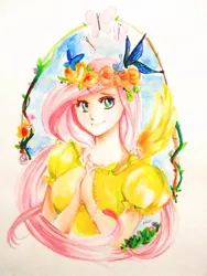 Size: 600x800 | Tagged: artist:miu, bust, butterfly, clothes, derpibooru import, floral head wreath, flower, fluttershy, human, humanized, looking at you, safe, simple background, smiling, solo, traditional art, white background, winged humanization