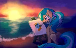 Size: 1404x882 | Tagged: artist:bedupolker, beach, derpibooru import, easel, mouth hold, oc, ocean, oc:painted dreams, paintbrush, painting, safe, solo, sunset, unofficial characters only