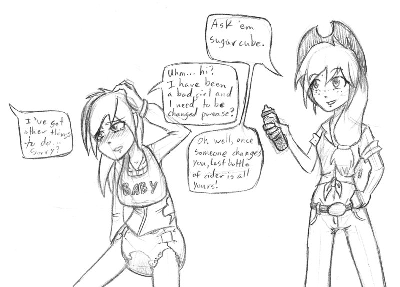 Size: 800x575 | Tagged: applejack, artist:geotastic, bottle, cider, diaper, diaper fetish, fetish, humanized, monochrome, questionable, rainbow dash, wet diaper