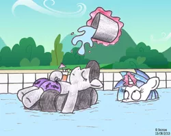 Size: 1003x797 | Tagged: safe, artist:bobthedalek, derpibooru import, octavia melody, vinyl scratch, earth pony, pony, unicorn, bucket, clothes, drink, duo, eyes closed, female, floating, prank, swimming pool, swimsuit, this will end in pain