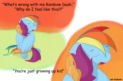 Size: 1000x660 | Tagged: artist:caluriri, crying, derpibooru import, dialogue, hug, rainbow dash, safe, scootaloo, text