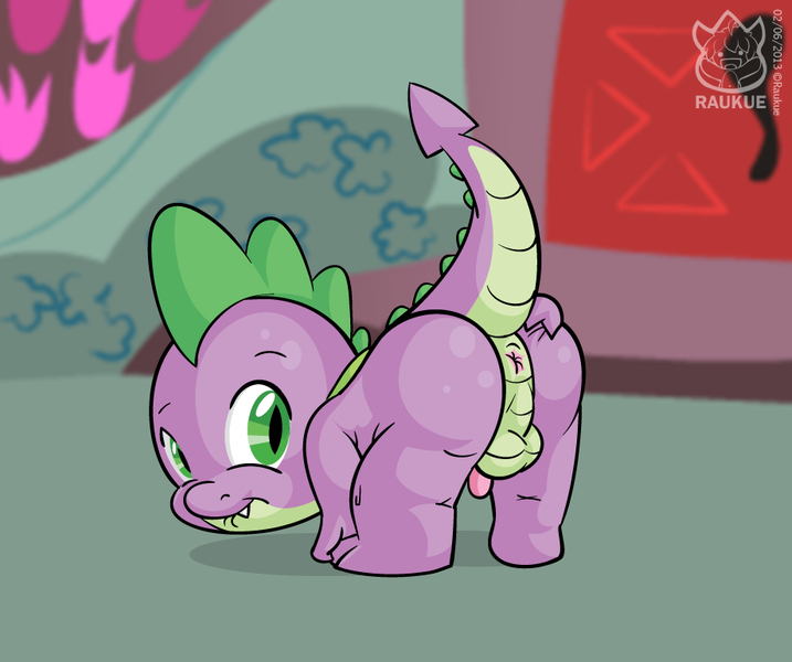Size: 920x770 | Tagged: explicit, artist:raukue, derpibooru import, spike, dragon, pony, anus, balls, foal, foalcon, image, lip bite, looking at you, looking back, male, nudity, penis, png, presenting, snaggletooth, solo, solo male, spreading, underage