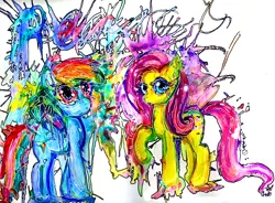Size: 1098x808 | Tagged: artist:wendysakana, derpibooru import, fluttershy, psychedelic, rainbow dash, safe, traditional art, watercolor painting
