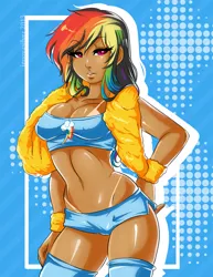 Size: 595x770 | Tagged: artist:jenovasilver, belly button, breasts, busty rainbow dash, cleavage, clothes, derpibooru import, female, human, humanized, rainbow dash, shorts, solo, solo female, suggestive, tan lines