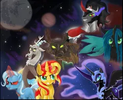 Size: 731x594 | Tagged: safe, artist:schnuffitrunks, derpibooru import, discord, king sombra, nightmare moon, queen chrysalis, sunset shimmer, trixie, pony, timber wolf, alicorn amulet, antagonist, glowing eyes, grin, smiling