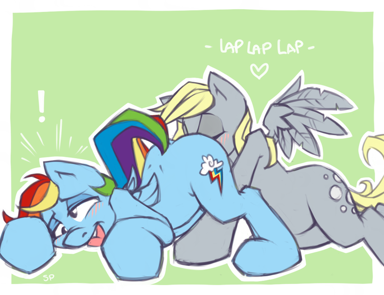 Size: 1000x768 | Tagged: explicit, artist:stoney pony, derpibooru import, derpy hooves, rainbow dash, pegasus, pony, ahegao, blushing, cunnilingus, derp, derpydash, face down ass up, female, green background, heart, image, lesbian, mare, onomatopoeia, png, side, simple background, spread wings, tongue out, wings