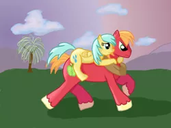 Size: 900x672 | Tagged: safe, artist:phasingirl, derpibooru import, big macintosh, sunshower raindrops, earth pony, pony, male, ponies riding ponies, running, stallion