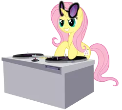 Size: 4134x3733 | Tagged: safe, artist:synch-anon, artist:twiforce, derpibooru import, fluttershy, vinyl scratch, pony, unicorn, glasses, race swap, recolor, simple background, smiling, solo, transparent background, turntable, vector