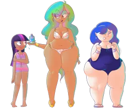 Size: 6000x5100 | Tagged: absurd resolution, artist:secretgoombaman12345, bbw, belly, belly button, big belly, bikini, breasts, chubby, chubbylestia, clothes, delicious flat chest, derpibooru import, fat, female, flatchestia, humanized, impossibly wide hips, muffin top, one-piece swimsuit, plump, princess celestia, princess luna, princess moonpig, simple background, suggestive, swimsuit, tan, tan lines, transparent background, twilight sparkle, wide hips