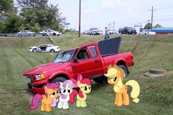 Size: 800x533 | Tagged: apple bloom, applejack, artist:kartracer17, car, chevrolet trailblazer, crown victoria, cutie mark crusaders, derpibooru import, dodge ram, ford, ford f-150, ford ranger, irl, photo, ponies in real life, safe, scootaloo, sweetie belle, truck, wreck