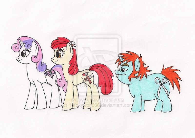 Size: 800x565 | Tagged: safe, artist:13foxywolf666, derpibooru import, apple bloom, snips, sweetie belle, earth pony, pony, unicorn, female, male, mare, older, older apple bloom, older snips, older sweetie belle, shipping, sideburns, stallion, trio