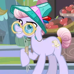 Size: 550x550 | Tagged: safe, derpibooru import, screencap, agate, agatha, amethyst maresbury, crystal pony, pony, the crystal empire, apple, balloon, grin, hat, holding, raised hoof, smiling, solo, tail wrap