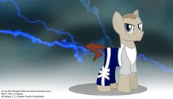 Size: 1024x585 | Tagged: artist:xain-russell, clothes, cole macgrath, derpibooru import, good karma, ice, infamous, lightning, ponified, safe, solo