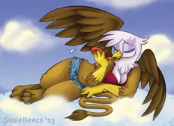 Size: 1260x910 | Tagged: safe, artist:susiebeeca, derpibooru import, gilda, anthro, gryphon, bra, breasts, busty gilda, clothes, cloud, daisy dukes, eyes closed, female, grooming, image, jpeg, long tongue, on a cloud, solo, tongue out, underwear, wide hips, wingboner