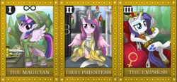 Size: 1033x480 | Tagged: safe, artist:stalinthestallion, derpibooru import, princess cadance, princess platinum, rarity, twilight sparkle, twilight sparkle (alicorn), alicorn, pony, female, mare, tarot card