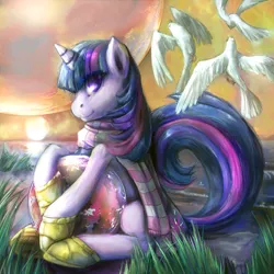 Size: 4000x4000 | Tagged: artist:buttercupsaiyan, artist:fyre-flies, ball, beach, beach ball, bird, derpibooru import, painting, planet, safe, sandals, solo, traditional art, twilight sparkle