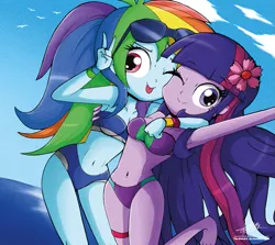 Size: 1181x1055 | Tagged: suggestive, artist:the-butch-x, derpibooru import, rainbow dash, twilight sparkle, equestria girls, adorasexy, armpits, bandeau, beach, belly button, bicolor swimsuit, bikini, blue swimsuit, breasts, clothes, cute, duo, duo female, female, flower, flower in hair, garter, humanized, ocean, peace sign, purple swimsuit, sexy, sunglasses, swimsuit, tongue out, water