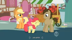 Size: 854x479 | Tagged: apple, apple bloom, applejack, call of the cutie, derpibooru import, doctor whooves, hubble, hub logo, meme, safe, screencap, the hub, time turner, vulgar, youtube caption