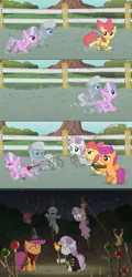 Size: 619x1289 | Tagged: safe, artist:alevgor, derpibooru import, apple bloom, diamond tiara, pinkie pie, scootaloo, silver spoon, sweetie belle, earth pony, pegasus, pony, unicorn, apple, burning at the stake, comic, crossbow, cutie mark crusaders, eyes closed, female, filly, fire, imminent death, imminent murder, mare, plunger, rope, stake, tied up, torch, wide eyes, witch hunter, x eyes