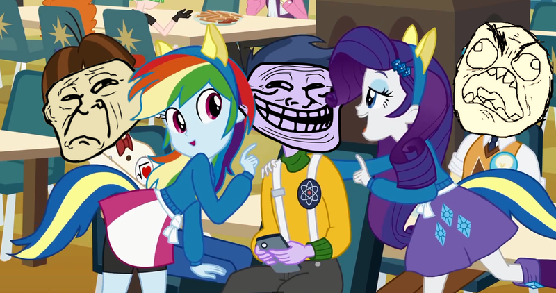 Size: 1498x790 | Tagged: safe, derpibooru import, edit, edited screencap, screencap, bright idea, golden hazel, microchips, nolan north, rainbow dash, rarity, wiz kid, equestria girls, equestria girls (movie), background human, background pony, helping twilight win the crown, meme, rage face, rage guy, trollface