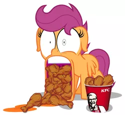 Size: 1250x1151 | Tagged: safe, artist:zutheskunk edits, derpibooru import, edit, vector edit, scootaloo, chicken, chicken meat, fast food, female, filly, food, fried chicken, implied cannibalism, kfc, meat, meme, scootachicken, shocked, simple background, solo, teeth, tongue out, vector, wat, white background