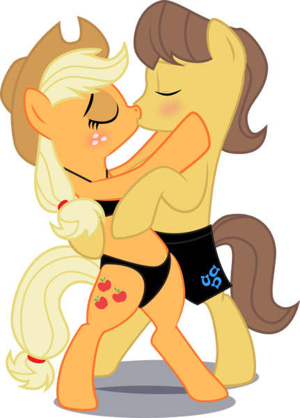 Size: 3453x4806 | Tagged: applejack, artist:benybing, bikini, blushing, carajack, caramel, clothes, derpibooru import, female, hug, kissing, male, safe, shipping, straight, swimsuit