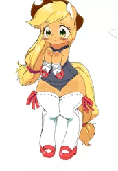 Size: 693x1005 | Tagged: suggestive, artist:aruurara, derpibooru import, applejack, pony, bipedal, blushing, clothes, mary janes, one-piece swimsuit, school swimsuit, shoes, simple background, socks, solo, stockings, sukumizu, swimsuit