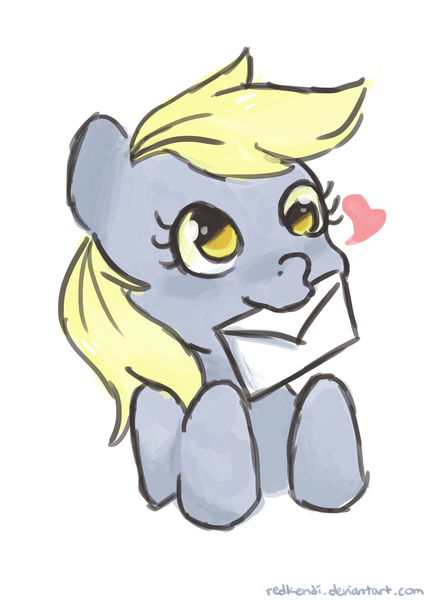 Size: 1024x1434 | Tagged: safe, artist:redkendi, derpibooru import, derpy hooves, pegasus, pony, female, heart, letter, mare, mouth hold, solo