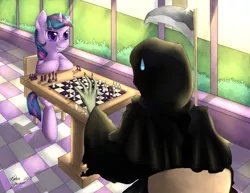 Size: 1650x1275 | Tagged: artist:katurkeyg, chess, chessboard incorrectly oriented, crossover, derpibooru import, grim reaper, grin, safe, smirk, the seventh seal, twilight sparkle