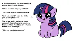 Size: 1194x668 | Tagged: semi-grimdark, derpibooru import, twilight sparkle, exploitable meme, filly, filly twilight sparkle, filly twilight telling an offensive joke, implied murder, matricide, meme, obligatory pony, patricide, solo, text