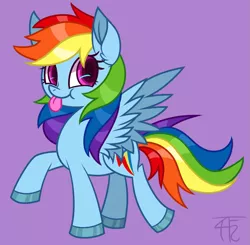 Size: 1145x1121 | Tagged: safe, artist:wildberry-poptart, derpibooru import, rainbow dash, pegasus, pony, :p, colored hooves, cute, dashabetes, ear fluff, hooves, purple background, simple background, solo, tongue out